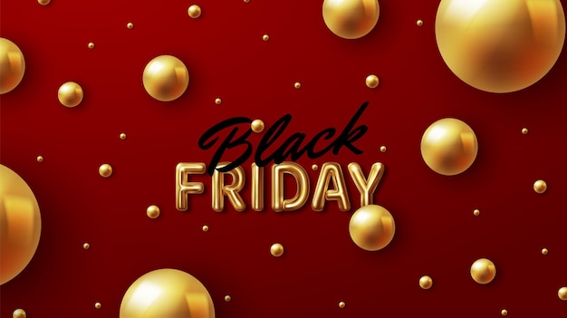 Black Friday. Sale. Logo and gold metal balls on a red background.