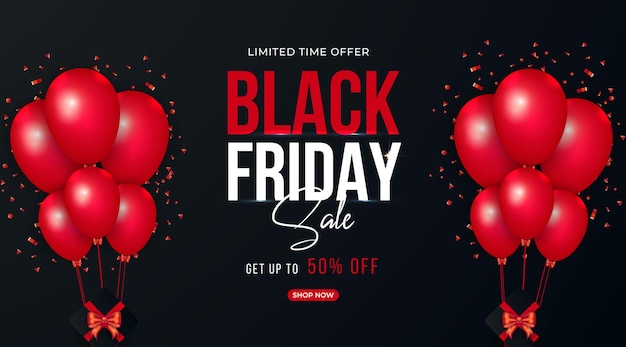 Black Friday sale modern realistic banner design with balloons