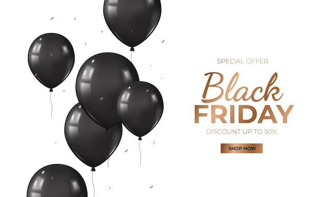 Black friday sale offer promotion discount banner with group 3d realistic black flying balloon