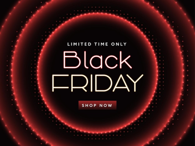 Black Friday Sale Poster Design With Lighting Round Shapes In Red And Black Color