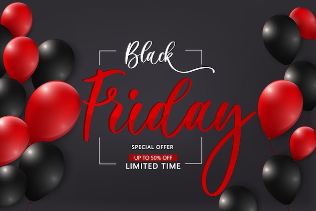 Black Friday sale poster Seasonal discount banner with red and black balloons