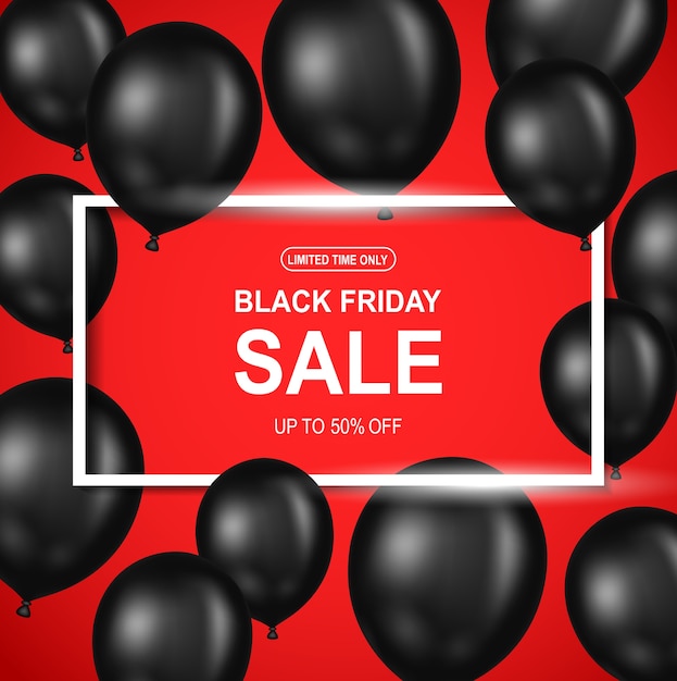 Black Friday sale poster with black balloon on red background. 