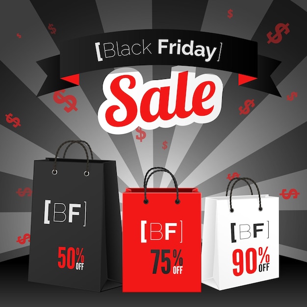 Black friday sale poster with shopping bag and ribbon