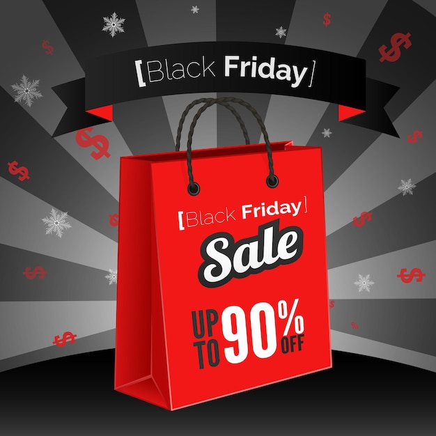 Black friday sale poster with shopping bag and ribbon