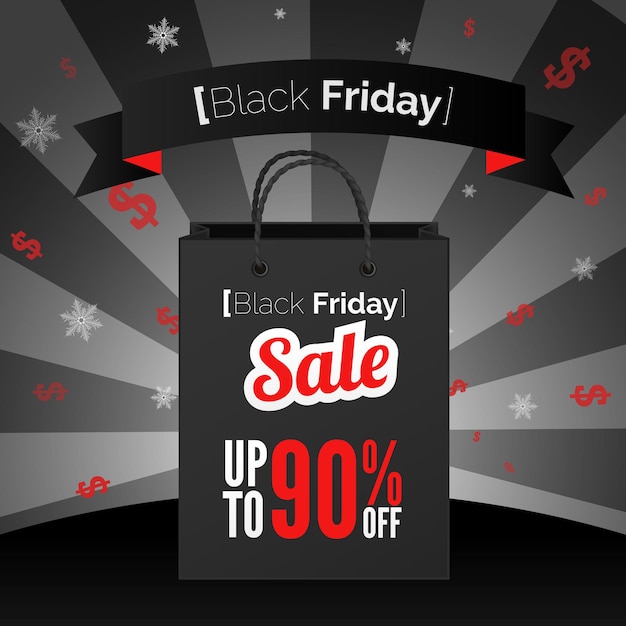 Black friday sale poster with shopping bag and ribbon