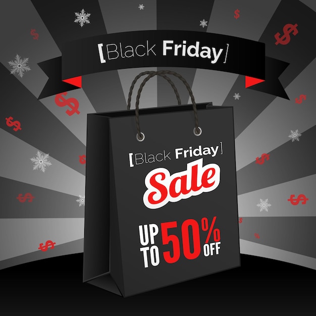 Black friday sale poster with shopping bag and ribbon