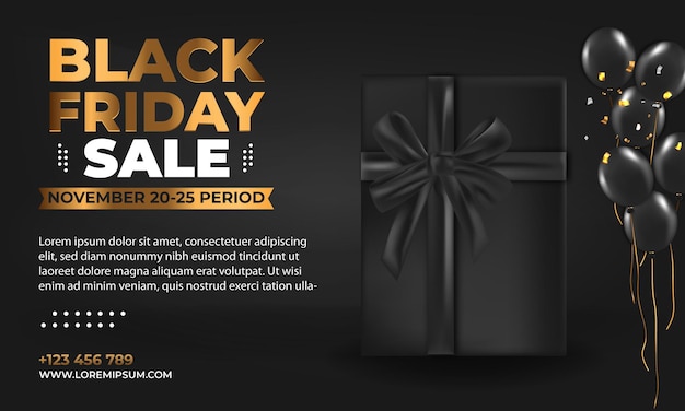 black friday sale. Realistic 3d design gift box, black balloon for promotional marketing discount an