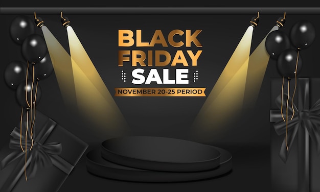 black friday sale. Realistic 3d design gift box, black podium with spotlight for promotional marketi