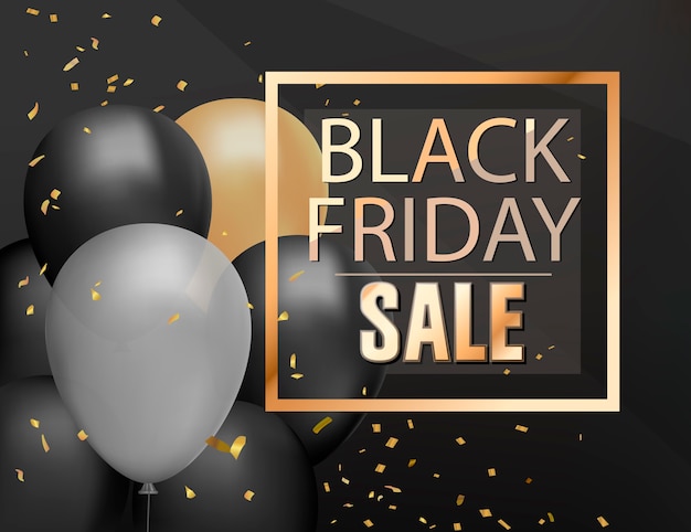 Black Friday Sale shop background with Helium balloon shine bunch and golden confetti, sale poster, realistic black discount banner template. 