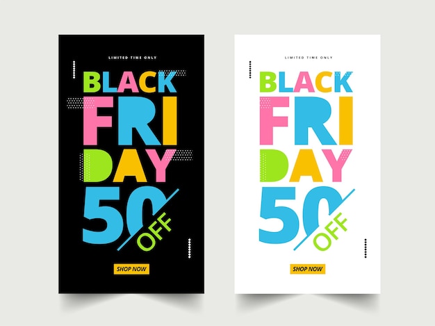 Black Friday Sale Template Design With 50% Discount Offer In Two Color Options.