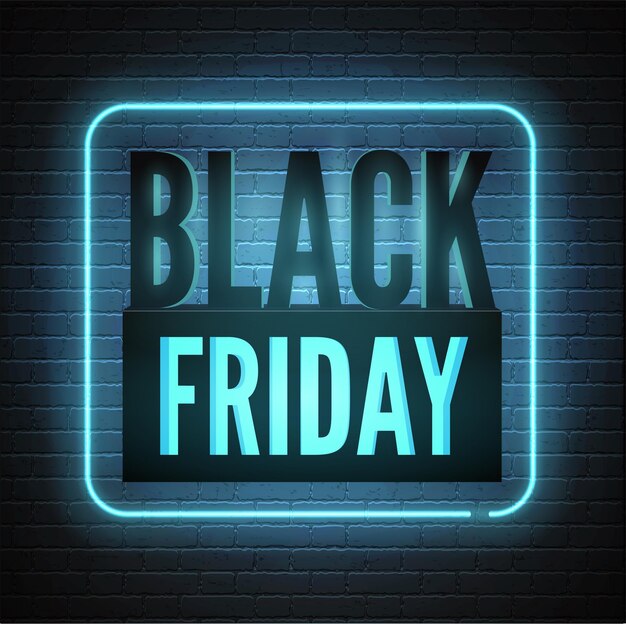 Black friday sale vector banner template with blue neon light box