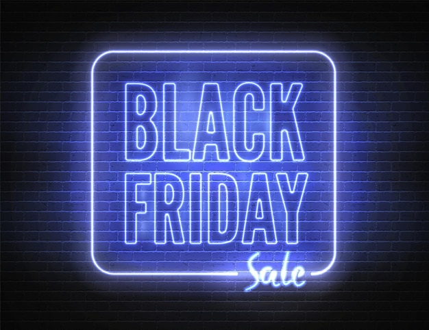 Black friday sale vector banner template with blue neon light box