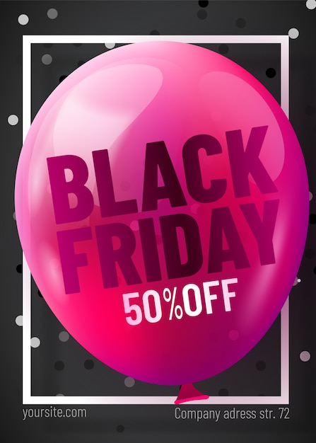 Black Friday sale web banner template. Dark pink with black balloon and confetti for seasonal discount offer.