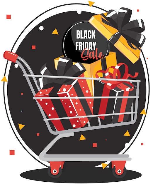 Black friday sale with gift box on shopping cart. Banner design Red gift box with black bow. 