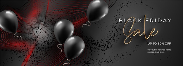 Black Friday sales banner. A black explosion with flying particles. Realistic balloons and decorative elements