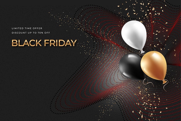 Black Friday sales banner with Waves and Particles. Realistic balloons and decorative elements