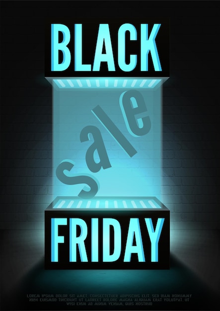 Vector black friday seasonal sale vector poster template. stylish neon light box with price reduction offer on brick wall background. mega discounts promo banner design layout with text space