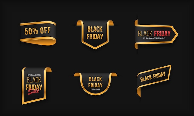 Black Friday set. Black-golden scrolls and banners isolated.