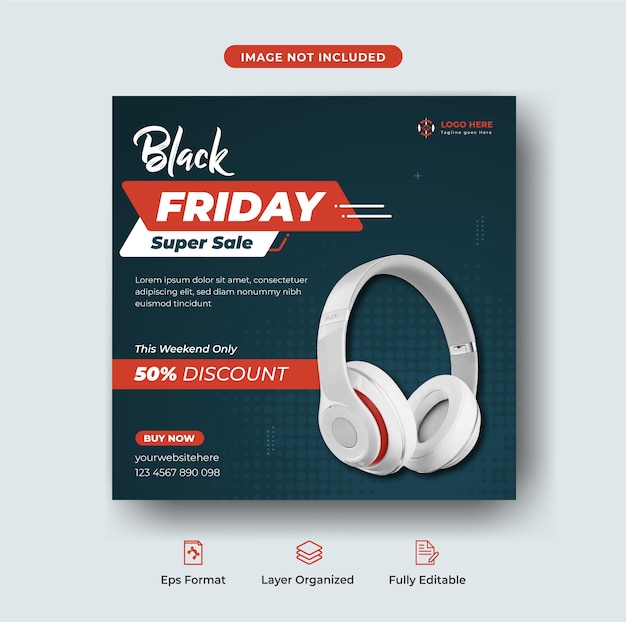 Black friday special offer headphone sale intagram post or editable web banner template Premium Vect