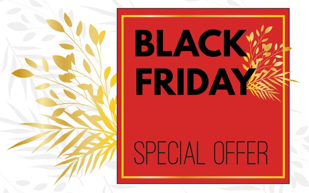 Black Friday Special offer web Horizontal Fashion Banner Luxury Gold maple leaves Golden wreath with red frame on white background