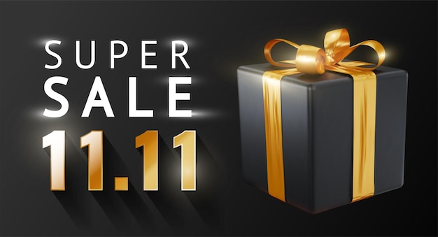 Black Friday Super Sale 1111 day sale hand and Realistic black gift boxes with red and golden bow