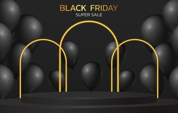 Black Friday Super Sale Banner poster on dark background podium for sale