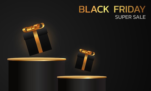 Black Friday Super Sale Banner poster on dark background podium for sale