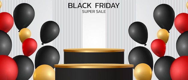 Black Friday Super Sale. Banner, poster on dark background. podium for sale