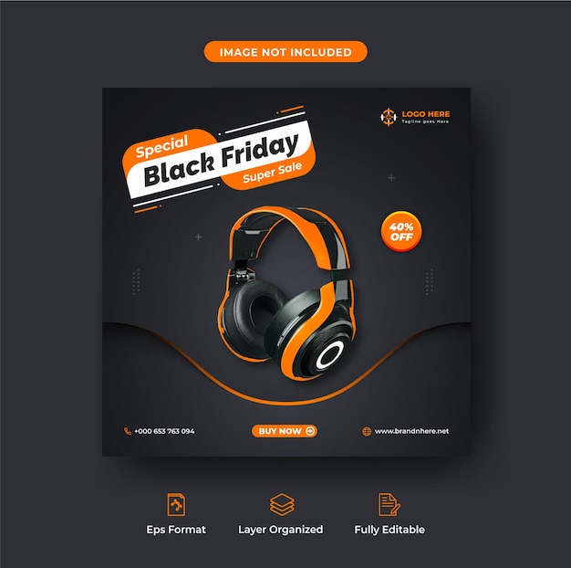 Black friday super sale headphone promotional intagram post or banner template Premium Vector