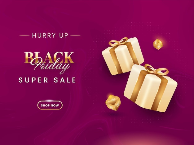 Black Friday Super Sale Poster Design With 3D Golden Gift Boxes And Dices On Dark Pink Marble Liquid Background