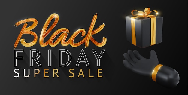 Black Friday Super Sale Realistic black gift boxes with golden bow Dark background gold lettering