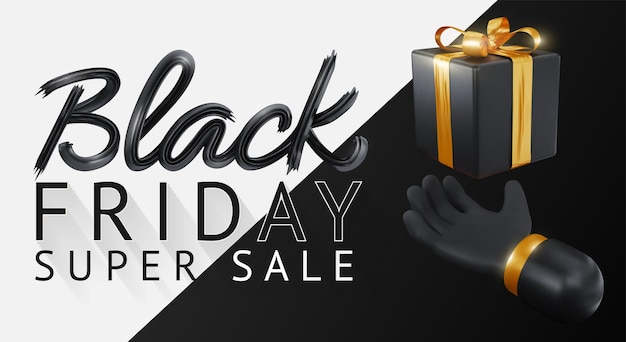 Black Friday Super Sale Realistic black gift boxes with golden bow Dark background gold lettering