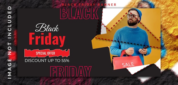 Black friday super sell offer with discount offer banner design with black color background