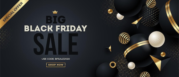 Black friday template design with black and gold geometric shape and elements.