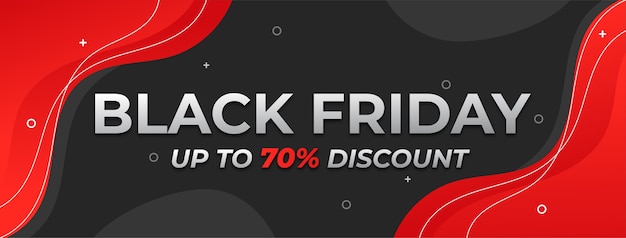 Black Friday web banner with discount details and red wavy shapes