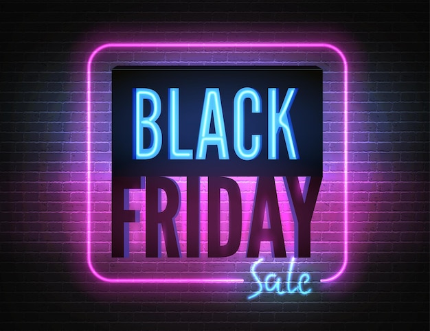 Black friday youth style neon light box with annual discount offer vector banner template