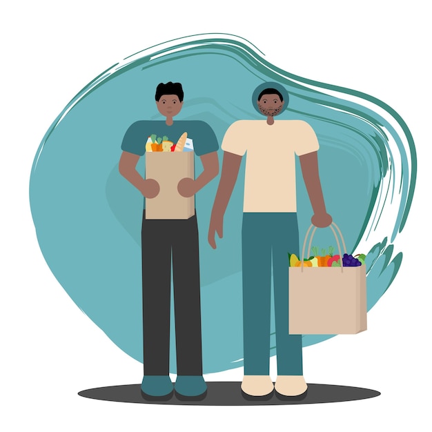 Vector black gay couple shopping for groceries two african american men holding paper bags with food