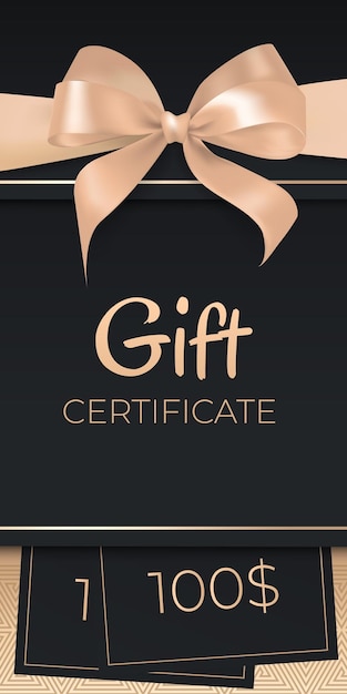 Vector black gift card or certificate template with elegant golden bow and satin ribbon border luxury