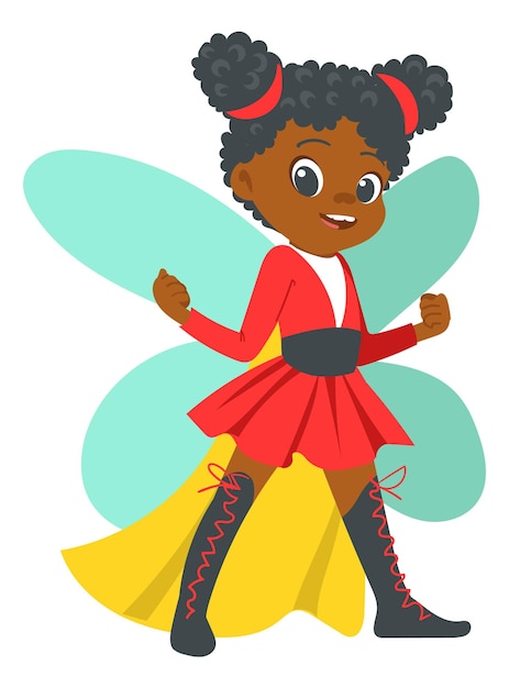 Black girl in fairy costume Cartoon kid with wings