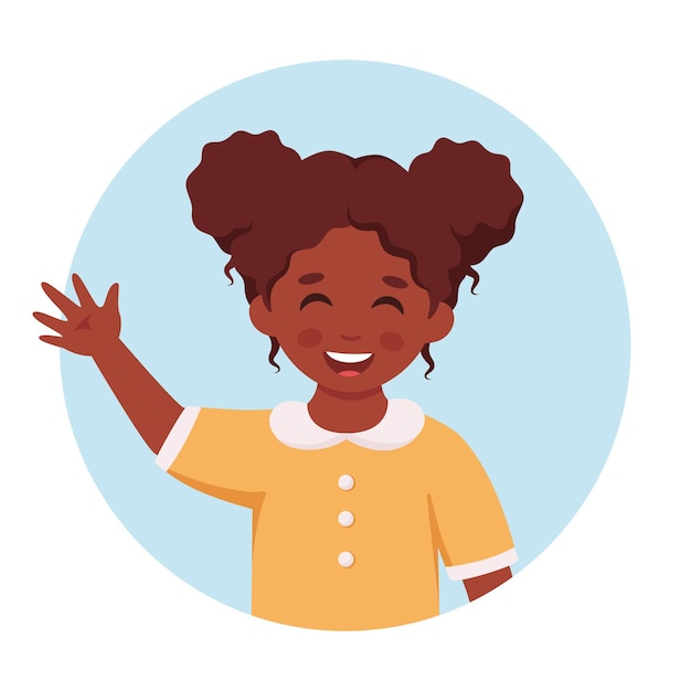 Black girl smiling and waving hand Little girl portrait in circular shape