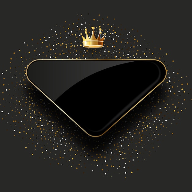 Black glass label with golden crown isolated on black background