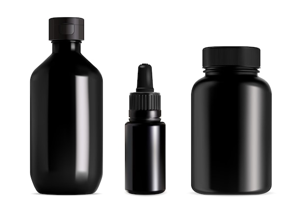 Black glass medical bottle set. Supplement container blank for apothecary product