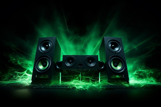 Black glossy music speakers on light grey background Hero view shot Audio technics Reflection