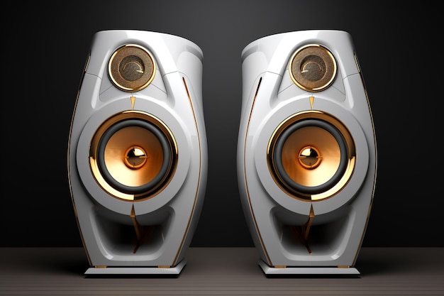 Black glossy music speakers on light grey background Hero view shot Audio technics Reflection