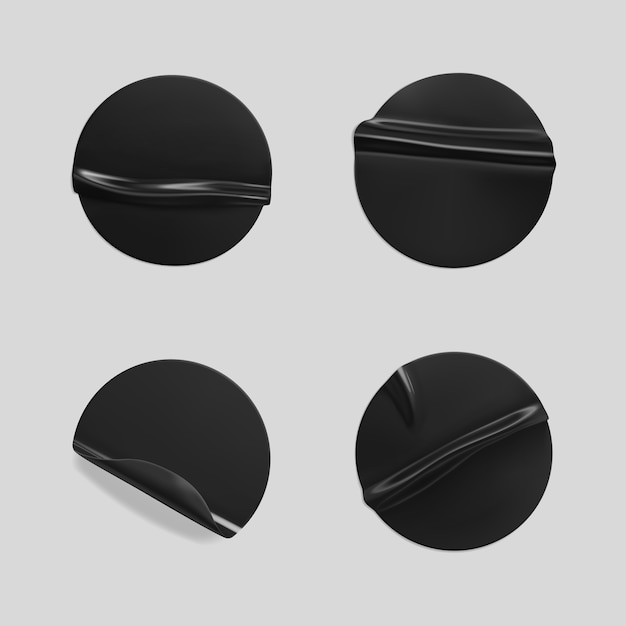 Black glued round crumpled stickers set