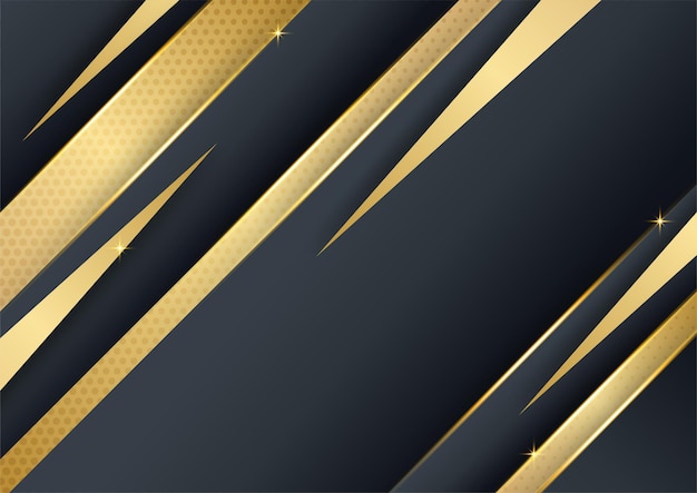 Black gold background. Vector luxury tech background. Stack of black paper material layer with gold stripe. Arrow shape premium wallpaper