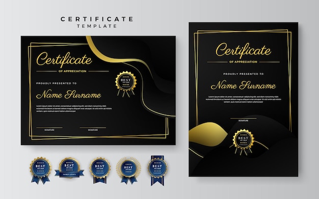 Black and gold certificate of achievement border template with luxury badge and modern line pattern For award business and education needs