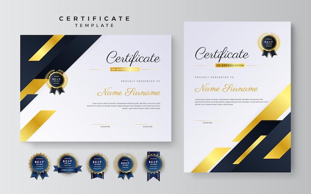 Black and gold certificate of achievement border template with luxury badge and modern line pattern For award business and education needs