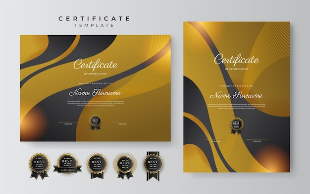 Black and gold certificate of achievement template with gold badge and border