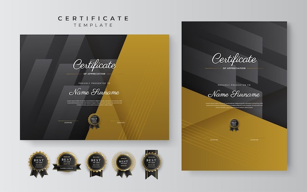 Black and gold certificate of achievement template with gold badge and border